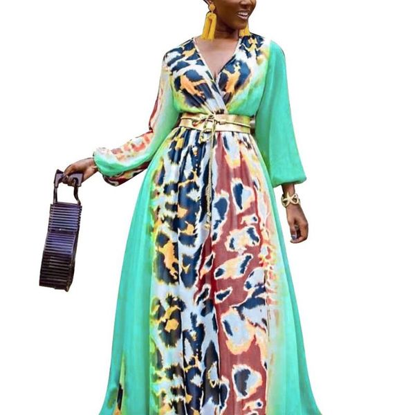 

casual dresses 2021 summer clothes women dress maxi leopard print v neck full sleeve high waist floor length elegant evening night, Black;gray