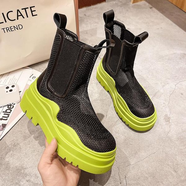 

summer women mesh breathable boots high heels thick bottom casual sandals cool shoes woman ankle mujer, Black