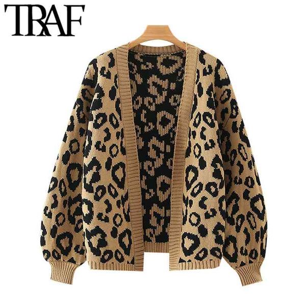 

traf women fashion leopard pattern loose knitted cardigan sweater vintage lantern sleeve female outerwear chic 210908, White;black