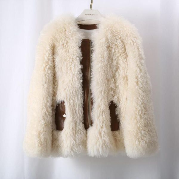 

women's fur & faux 2021 women winter thicken lamb shearling beige color fashion o neck natural coat, Black