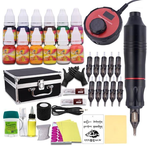 

professional tattoo pen kit rotary machine gun set lcd mini power pedal switch supply with aluminum box1