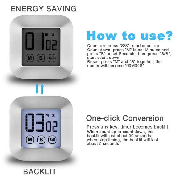 

kitchen timers touch screen digital timer smart large lcd display backlight cooking timer, loud alarm clock, countdown