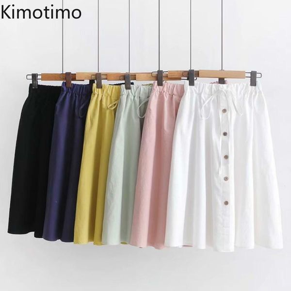 

kimotimo a-line skirt high waist summer autumn midi pleated single breasted casual elegant office lady girl school skirts, Black