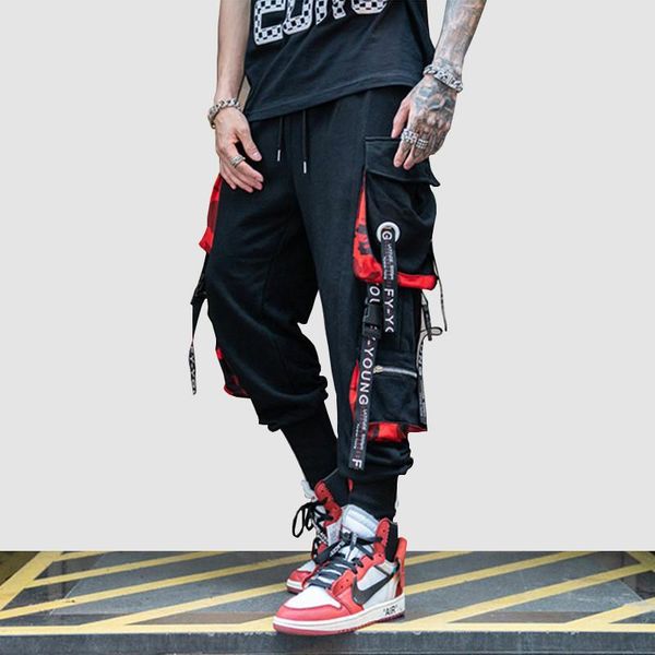 

hip hop ribbons cargo pants men joggers streetwear 2021 fashion mens elastic waist pant cotton black men's