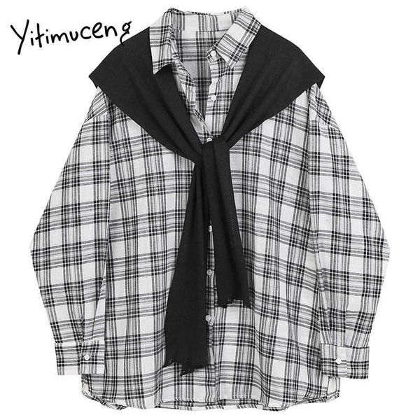 

yitimuceng vintage plaid shawl blouse women button up shirts loose spring long sleeve turn-down collar office lady 210601, White