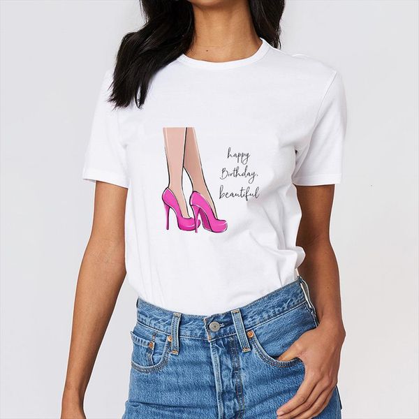 

happy birthday beautiful women high heel shoes arrivals summer short sleeve fashion european streetwear, White