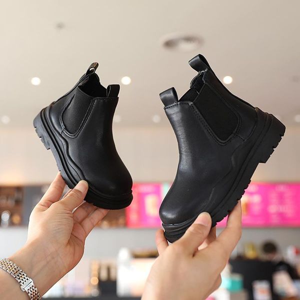 

boots fashion girls boys solid black shoes korean children pu autumn winter 2021 kids breathable student, Black;grey