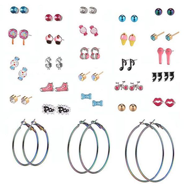 

stud danze 27 pairs/lot cute candy crystal big circle mom and children's earring set girls earrings for women, Golden;silver