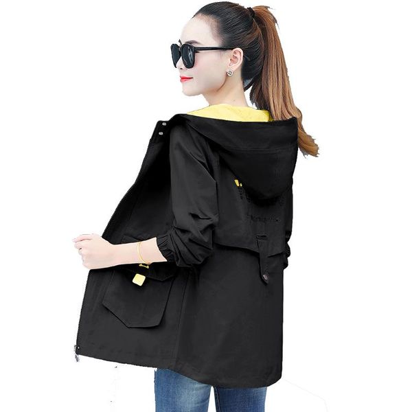

women's trench coats short windbreaker jacket women casual overcoat plus size loose letter thin spring autumn hooded jackets female out, Tan;black