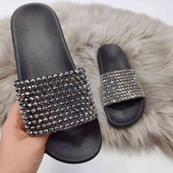 

women's rhinestone sandals diamond rhinestone slippers slides for women and ladies, Black