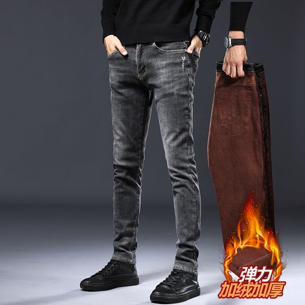 

autumn 2021 winter new jeans korean slim plush leggings warm and thickened pants men's fashion, Black