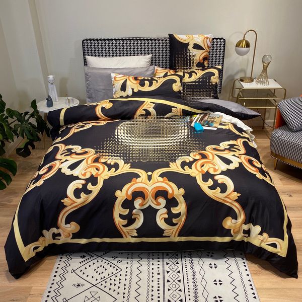 Luxus-Gold-Designer-Queen-Bettwäsche-Sets 4 teile/satz bedruckte Seide Queen-Size-Bettbezug Bettlaken Mode Kissenbezüge schnelles Schiff
