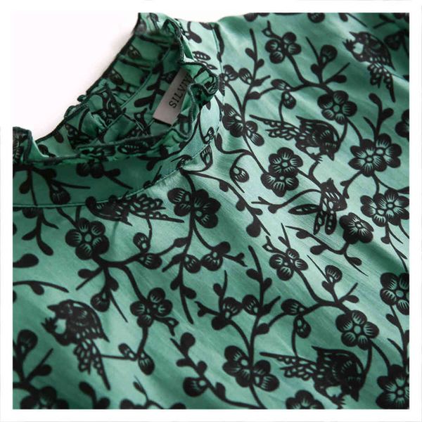 

blouses green flower women's mulberry silk fungus ee standing collar long sleeve small shirt autumn 2021 fashion style, White