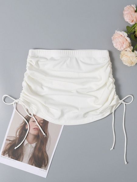 

rib drawstring side cover up skirt 06fy#, White;black