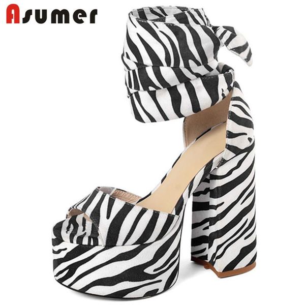 

dress shoes asumer thick heel platform sandals women lace up leopard zebra pattern party night club lady gladiator, Black
