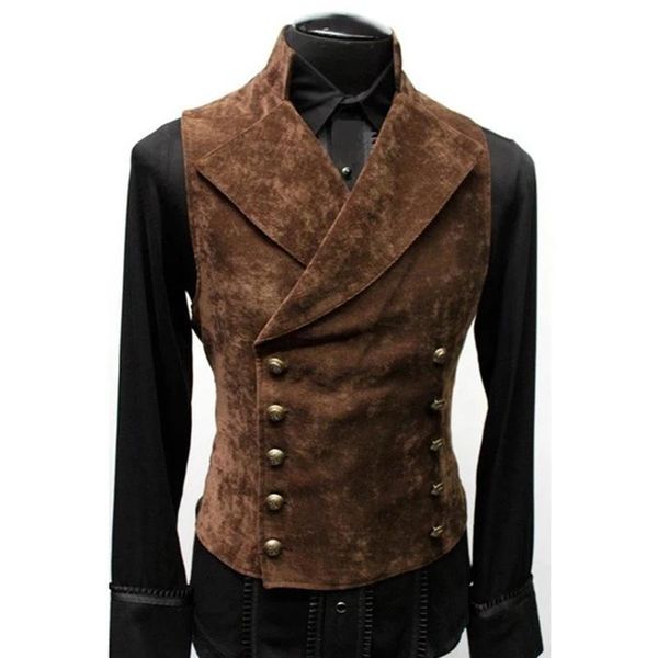 

men's vests suit vest brown suede stand lapel collar double breasted slim fit waistcoat casual formal business groomman male, Black;white