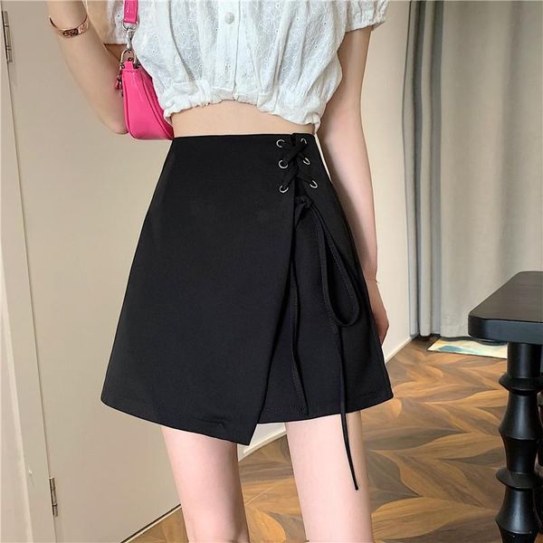 

skirts korean irregular short skirt with drawstring, Black