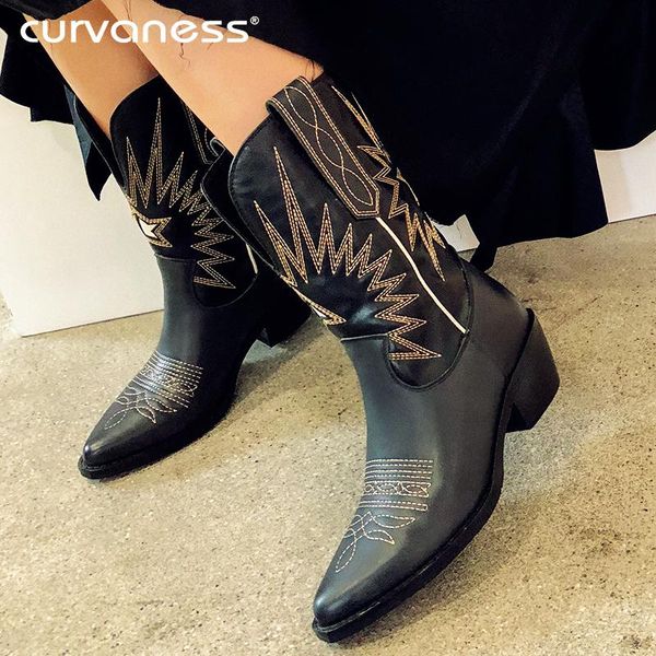 

boots curvaness white beige black genuine leather cowboy for women med-heel western cowgirl 2021 autumn winter