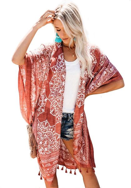 

women's blouses & shirts women floral print bohemian long kimono cardigan tassel boho flare sleeve casual beach holiday blous, White