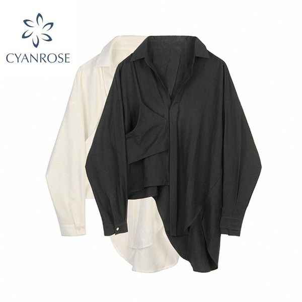 

autumn irregular patchwork shirt women turn down collar long sleeve loose casual fashion streetwear female blouse blusa women's blouse, White