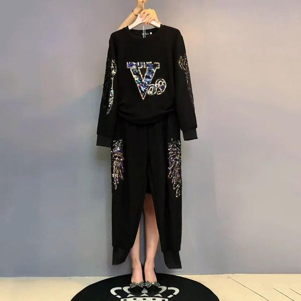 

women's two piece pants plus size 3xl-6xl street sequined pullover women sweater tracksuits oversized 2 pieces harem pant sets outfits, White