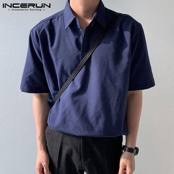 

leisure solid color men shirt 2021 summer short sleeve loose camisa man turn down collar casual blouse masculina s-5xl men's shirts, White;black