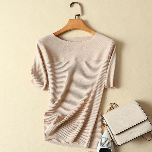 

women's t-shirt 2021 summer knitted women t-shirts office lady elegant casual all match tees solid quality, White