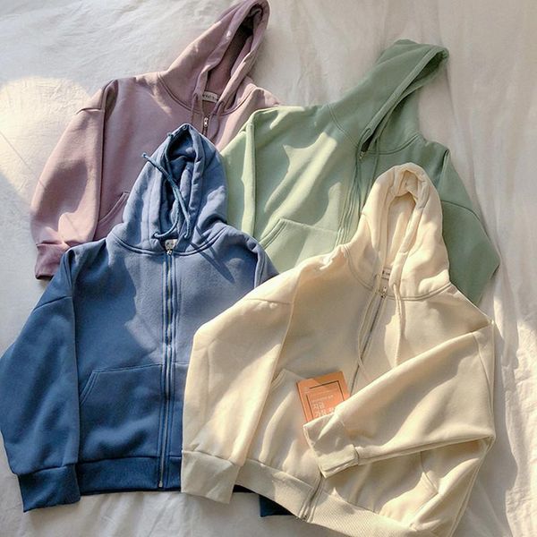 

women's hoodies & sweatshirts women soild color fleece autumn winter hoodie coats warm zipper jacket casual fashion female coat sweats, Black