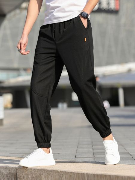 

men slant pocket drawstring waist pants e9qs#, Black