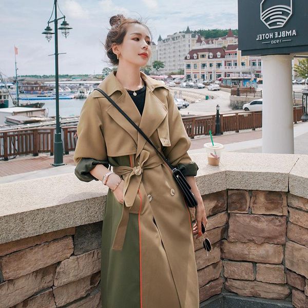 

women's trench coats autumn and winter mid-length 2021 double-breasted korean patchwork hit color high qulitay windbreaker coat, Tan;black