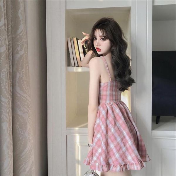 

casual dresses dress women clothes style open back summer elegant temperament pink check suspender net red super fairy platycodon c0ax, Black;gray
