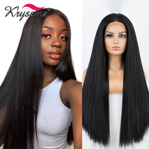 

synthetic lace front wigs for women cosplay wigs with middle part heat resistant fiber natural black wig long straightfactory direct