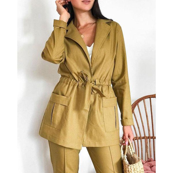 

fashion spring solid casual straight suits women elegant notched drawstring blazer suit high waisted pant ladies women's two piece pant, White
