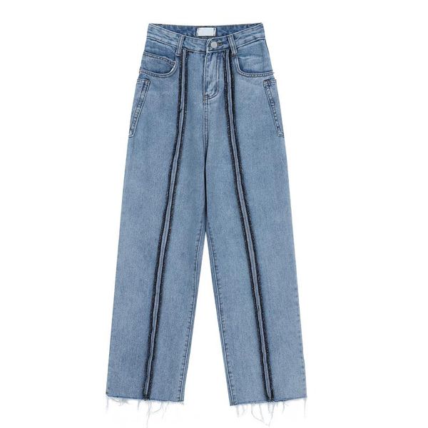 

straight loose jeans women's high waist slimming korean style stitching casual wide-leg trousers autumn, Blue