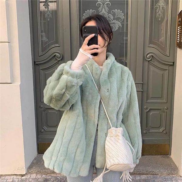 

women's fur & faux winter mink coat korean chic mint green thick soft overcoat casaco de pelo sintetico luxe femme feminino, Black