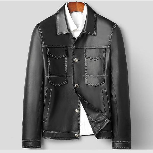 

men's jackets brand haining genuine sheep leather motorcycle jacket 2021 autumn winter lapel short coat thin real male clothes, Black;brown