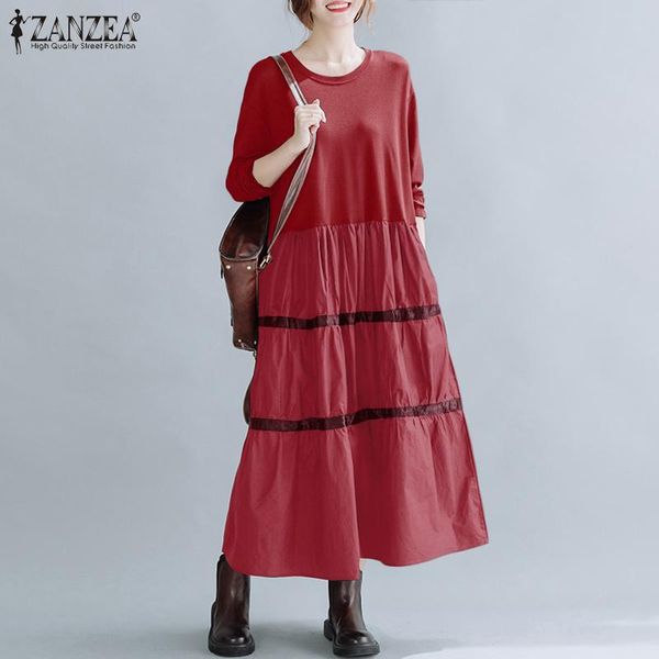 

casual dresses zanzea vintage spring women o neck long sleeve dress patchwork sundress kaftan retro loose vestidos, Black;gray