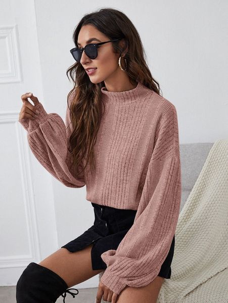 

funnel neck lantern sleeve rib-knit 26rg#, White