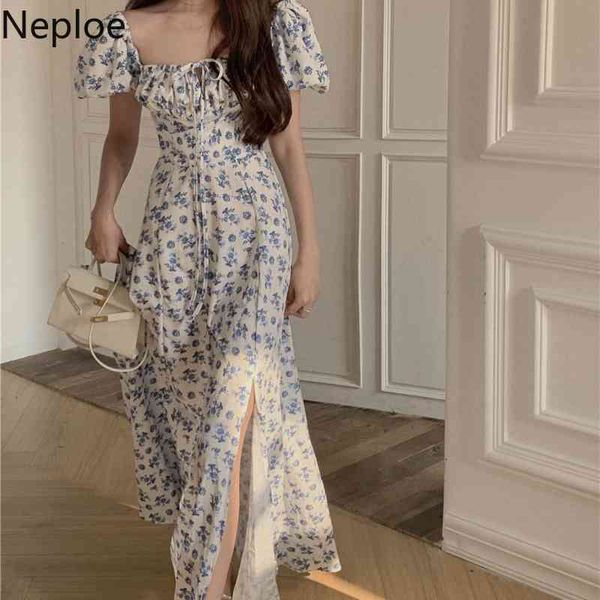 

neploe women dress summer fashion puff short sleeve floral lace-up vestidos korean elegant slim waist split maxi dresses 210422, Black;gray