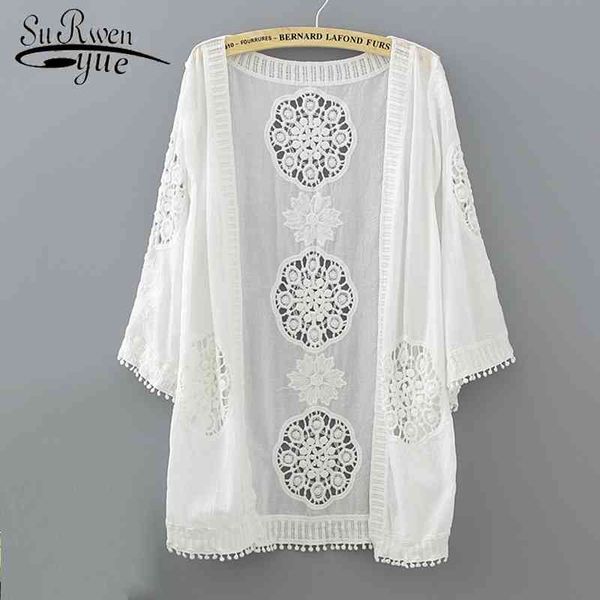 Branco Laço Hollow Mulheres Blusa Camisa Verão Solto Plus Size Cardigan Feminino S Blusas 0335 40 210427