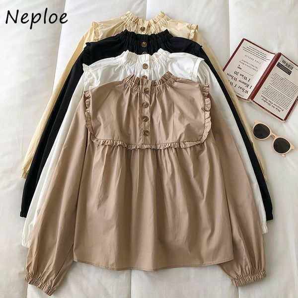 

neploe elegant wooden ear patchwork solid blouse women o neck long sleeve pullover blusas spring solid shirt femme 210510, White