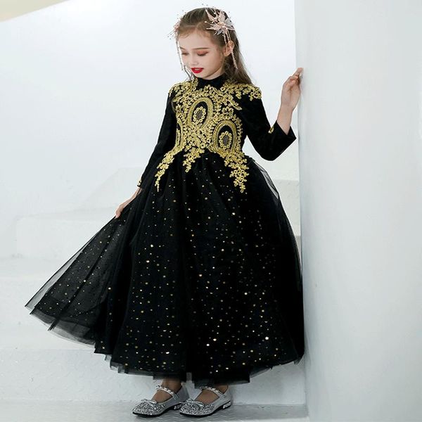 

girl's dresses flower girl high three quarter princess floor-length tulle sequined embroidery luxury black lace kids party gown h175, Red;yellow