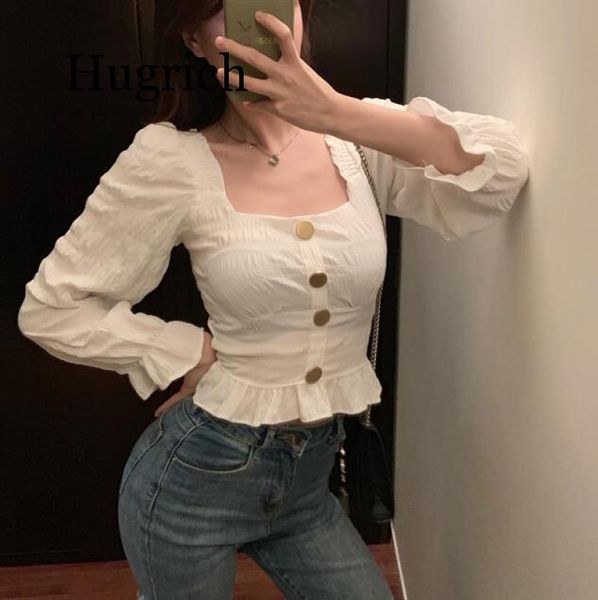 

women's t-shirt autumn solid round neck white texture ruffled crop fall long sleeve slim warm office wear ladies shirts casual