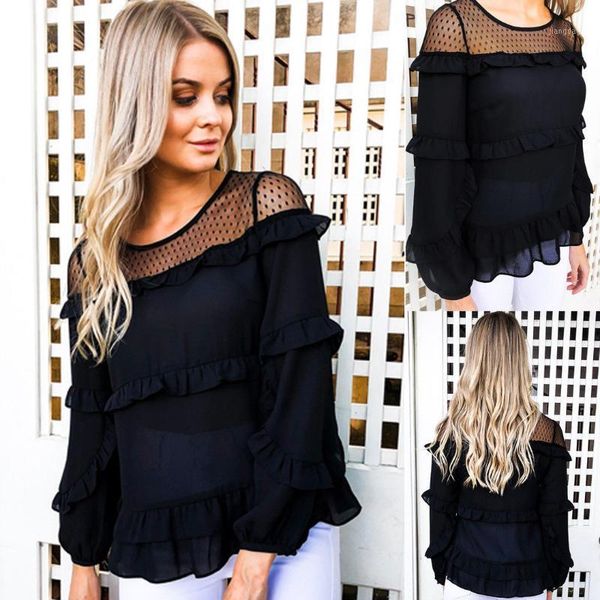 

style fashion women loose chiffon mesh flower patchwork long sleeve lace casual see through blouse women's blouses & shirts, White