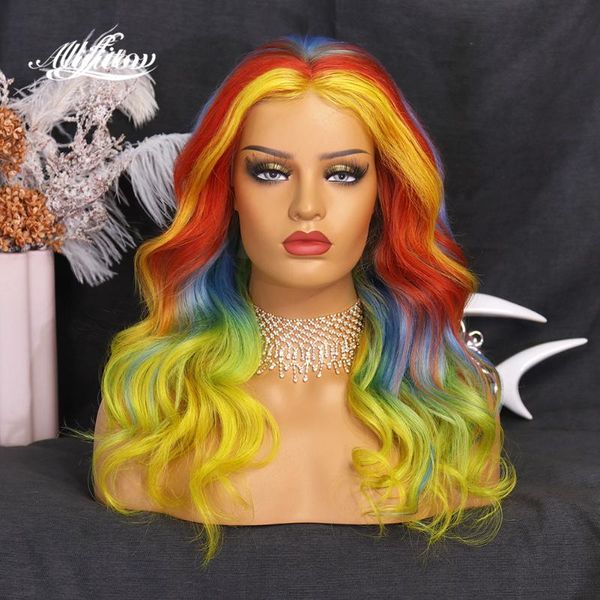 

rainbow lace front wigs water wave human hair remy pre-plucked with baby for women, Black;brown