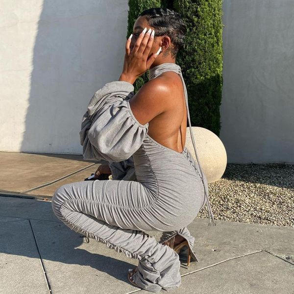 

women's jumpsuits & rompers neck-hanging backless cold shoulder romper pleated jumpsuit elastic long puff sleeve gym solid color outfit, Black;white
