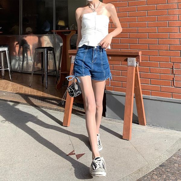 

women's jeans black drawstring high waisted 2021 summer korean version fashion street girl super shorts straight-leg pants, Blue