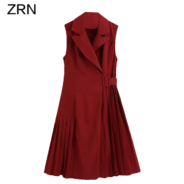 

women dress office lady sleeveless notched fashion solid pleated mid-long elegant a-line casual dresses, Black;gray