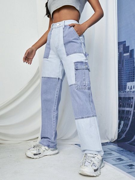 

high waist color block cargo jeans a42r#, Blue