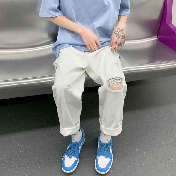 

men's jeans summer ripped wide-leg fashion black blue white men streetwear loose hip-hop hole straight denim trousers mens 0akd